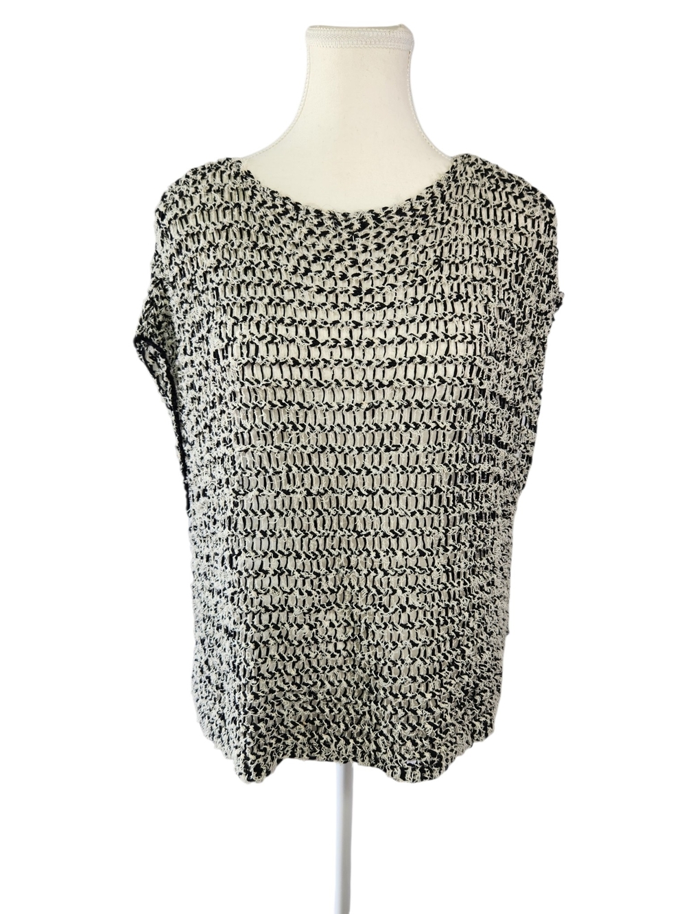 Eileen Fisher Black White Open Knit Marled Cotton Sweater Size Small Sheer Boxy
